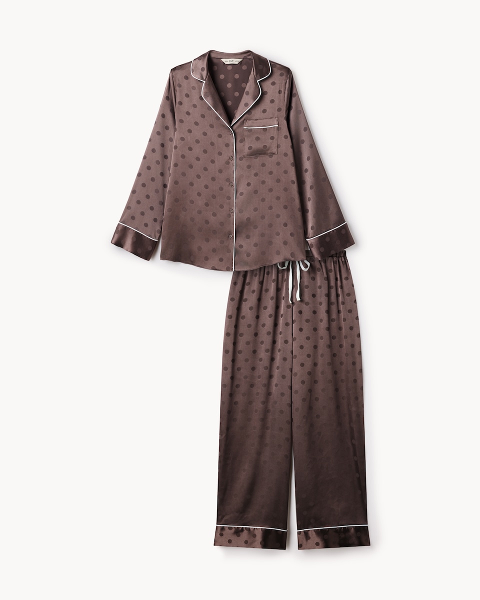image 1 of F&F CoolEase™ Satin Polka Dot Pyjama Set in Brown