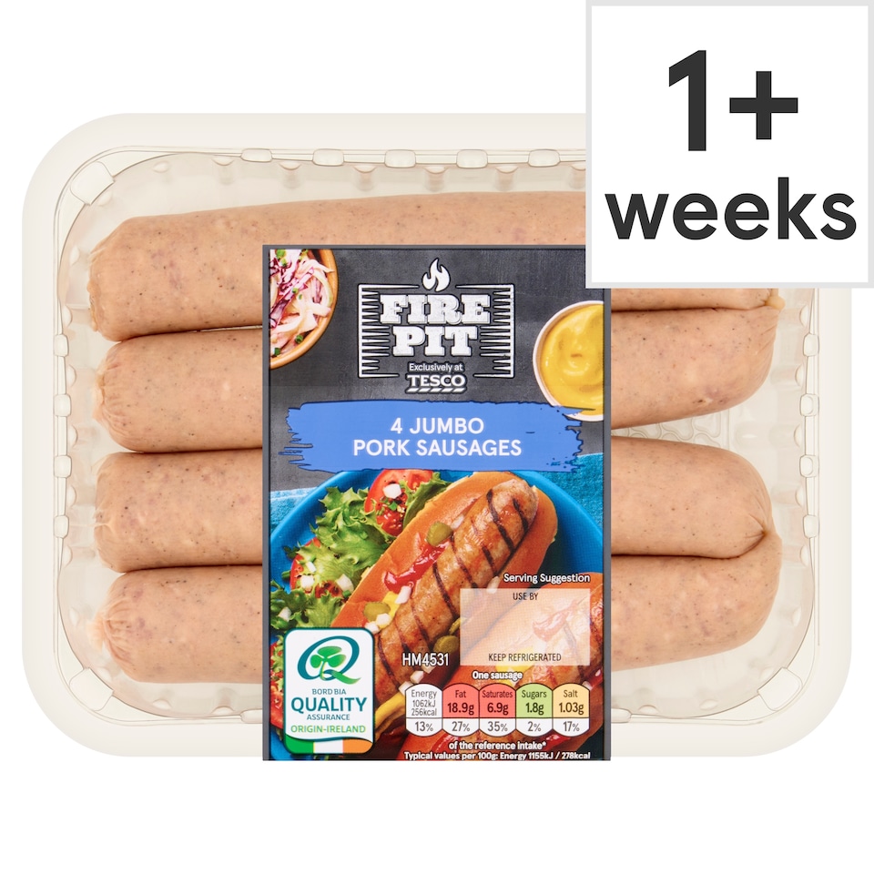 Tesco Fire Pit 4 Jumbo Pork Sausages 400G