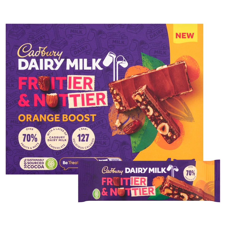 image 1 of Cadbury Dairy Milk Fruitier & Nuttier Orange Boost Chocolate Bars 4 x 30g