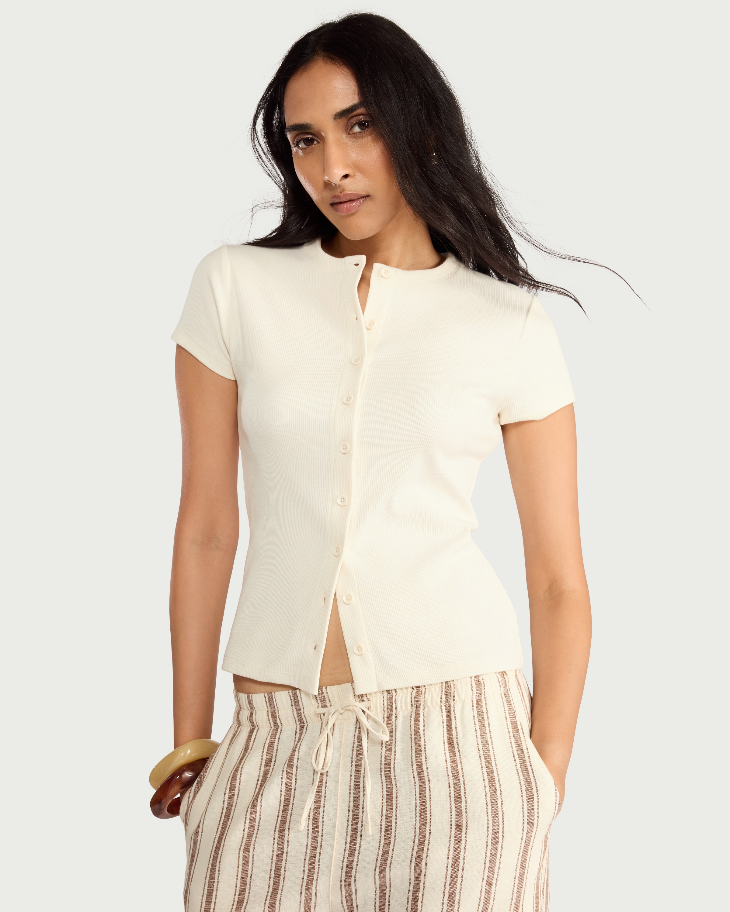 F&F Cotton Rich Ribbed Button Up Top in Cream