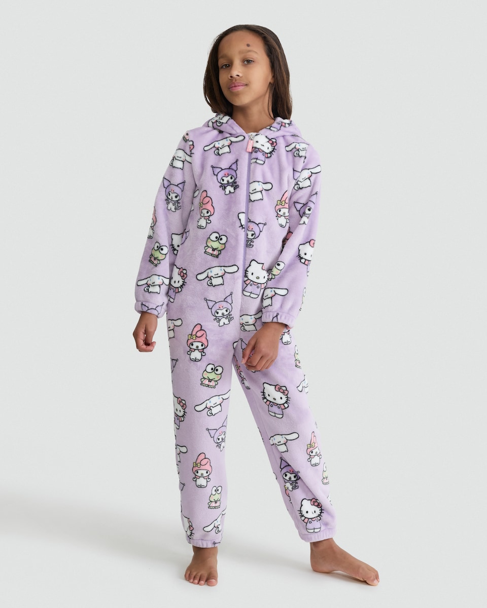 image 1 of Hello Kitty Fleece Hooded Onesie in Pink