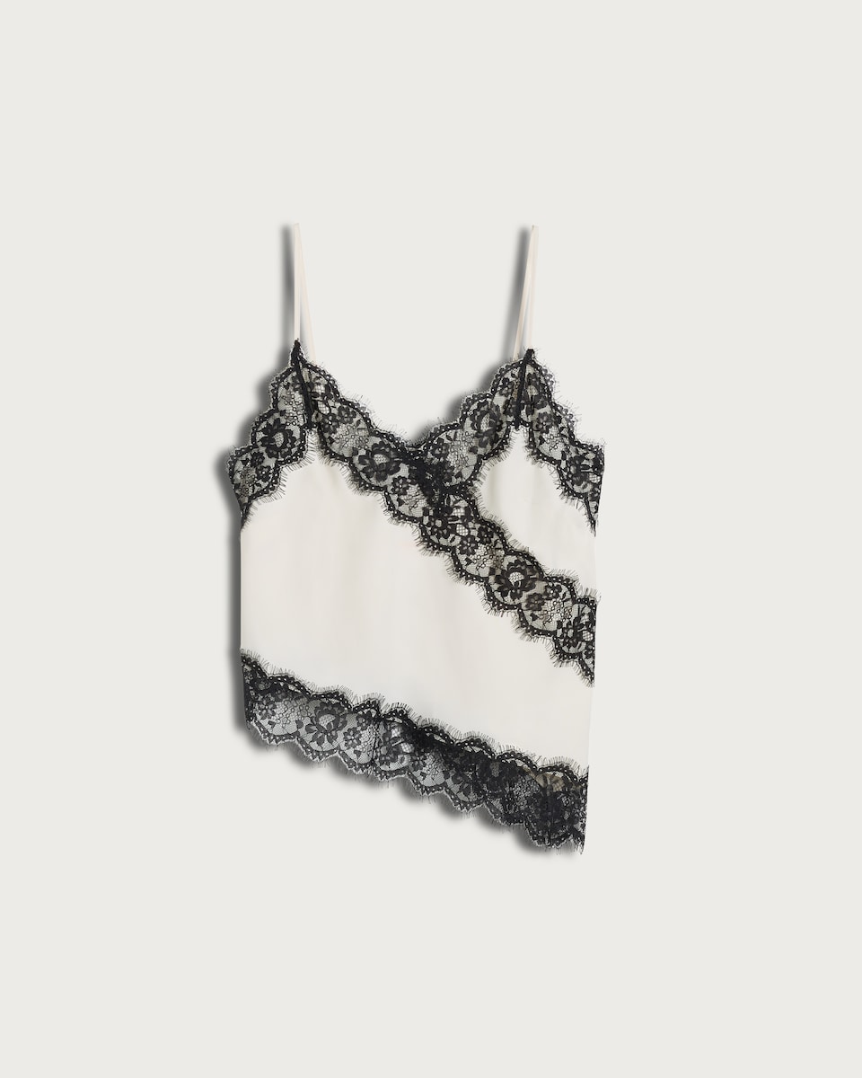 image 1 of F&F Satin Lace Trim Asymmetric Hem Co-ord Cami Top in Cream