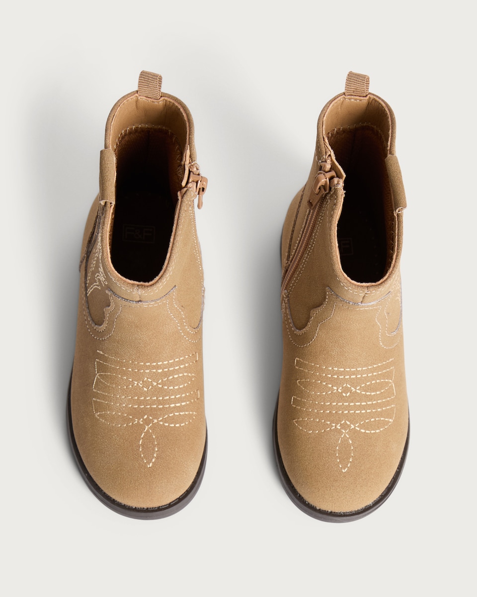 image 1 of F&F Girls Western Stitch Detail Ankle Boots in Neutral