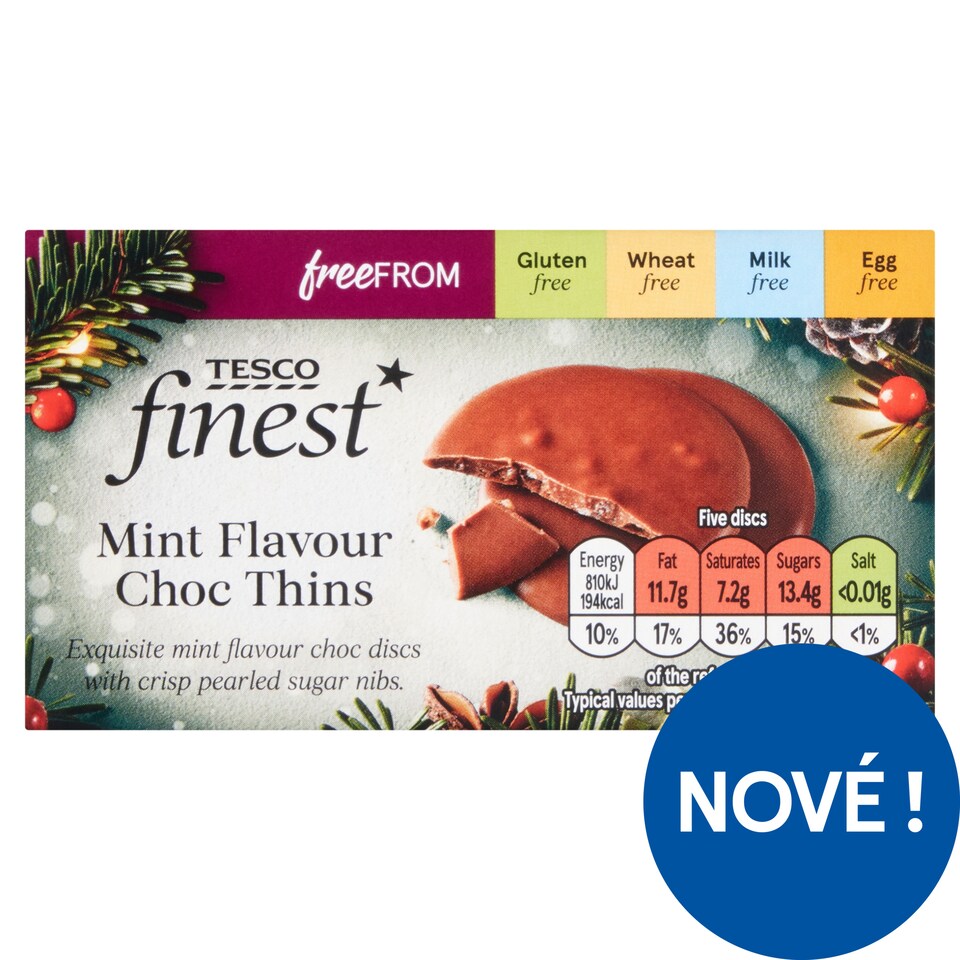 Tesco Finest Čokoládová kolečka s cukrovými krystalky s mátovou příchutí 105g