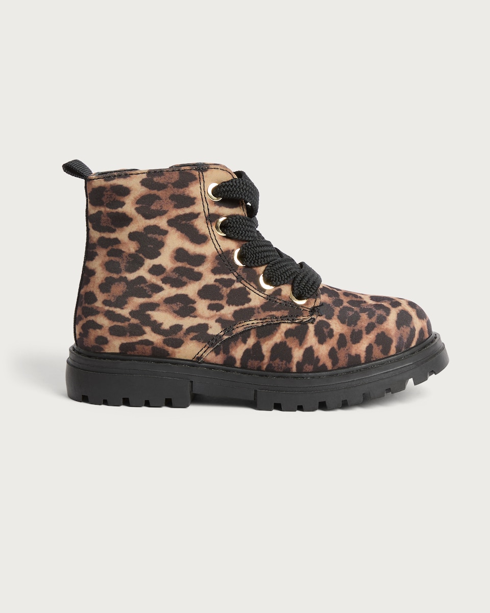 image 1 of F&F Girls Leopard Print Lace Up Boots in Multi Brown