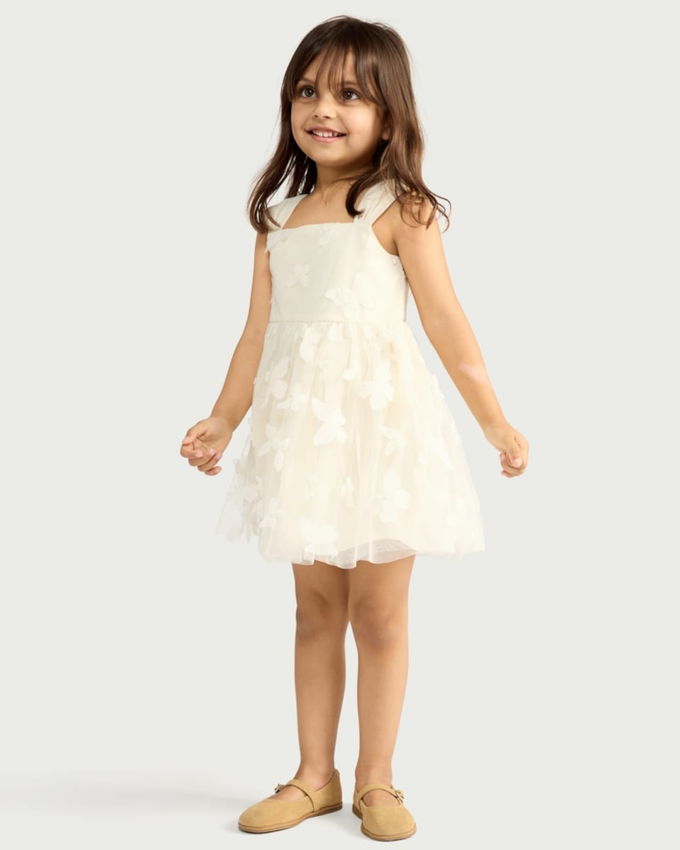 image 1 of F&F Girls Tulle Butterfly Embroidered Dress in Cream