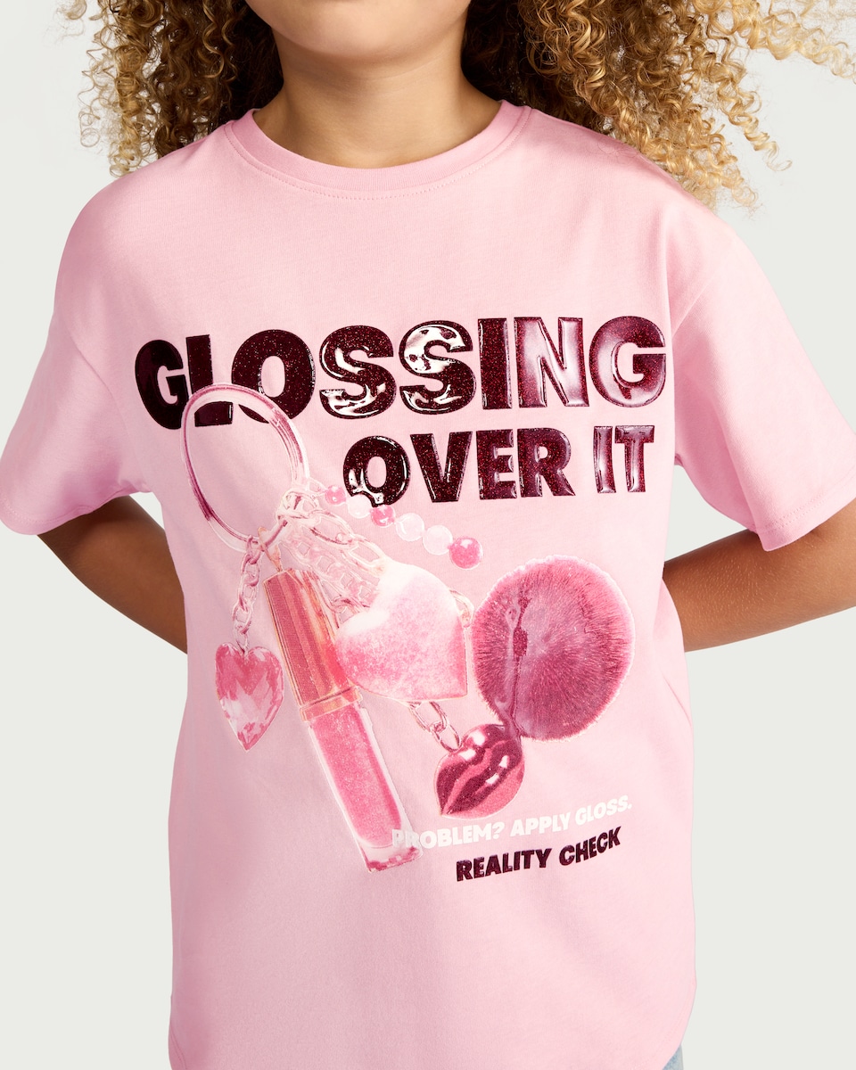 image 1 of F&F Girls Pure Cotton Slogan T-Shirt in Pink