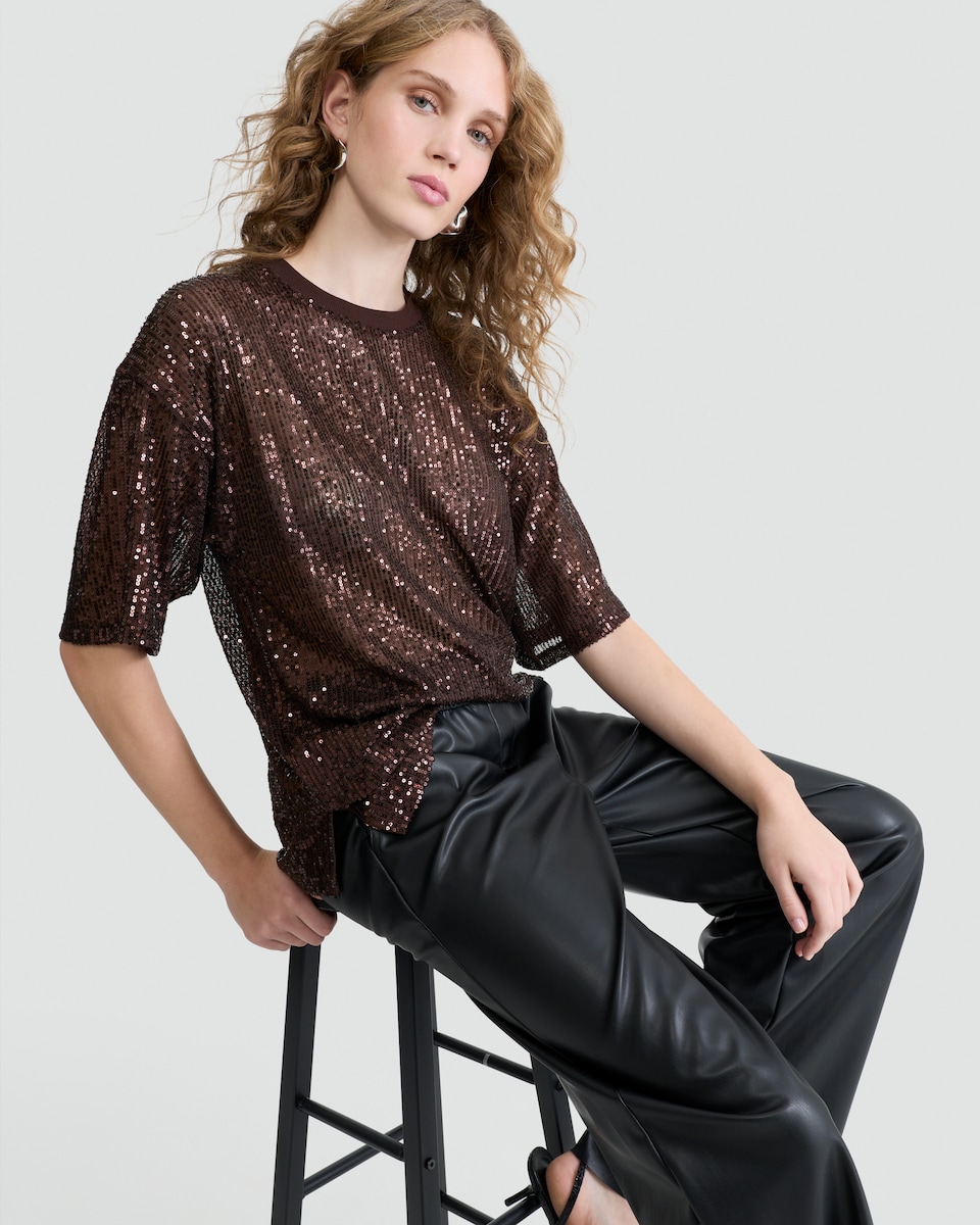 image 1 of F&F Sequin Embellished Boxy Short Sleeved Top in Brown
