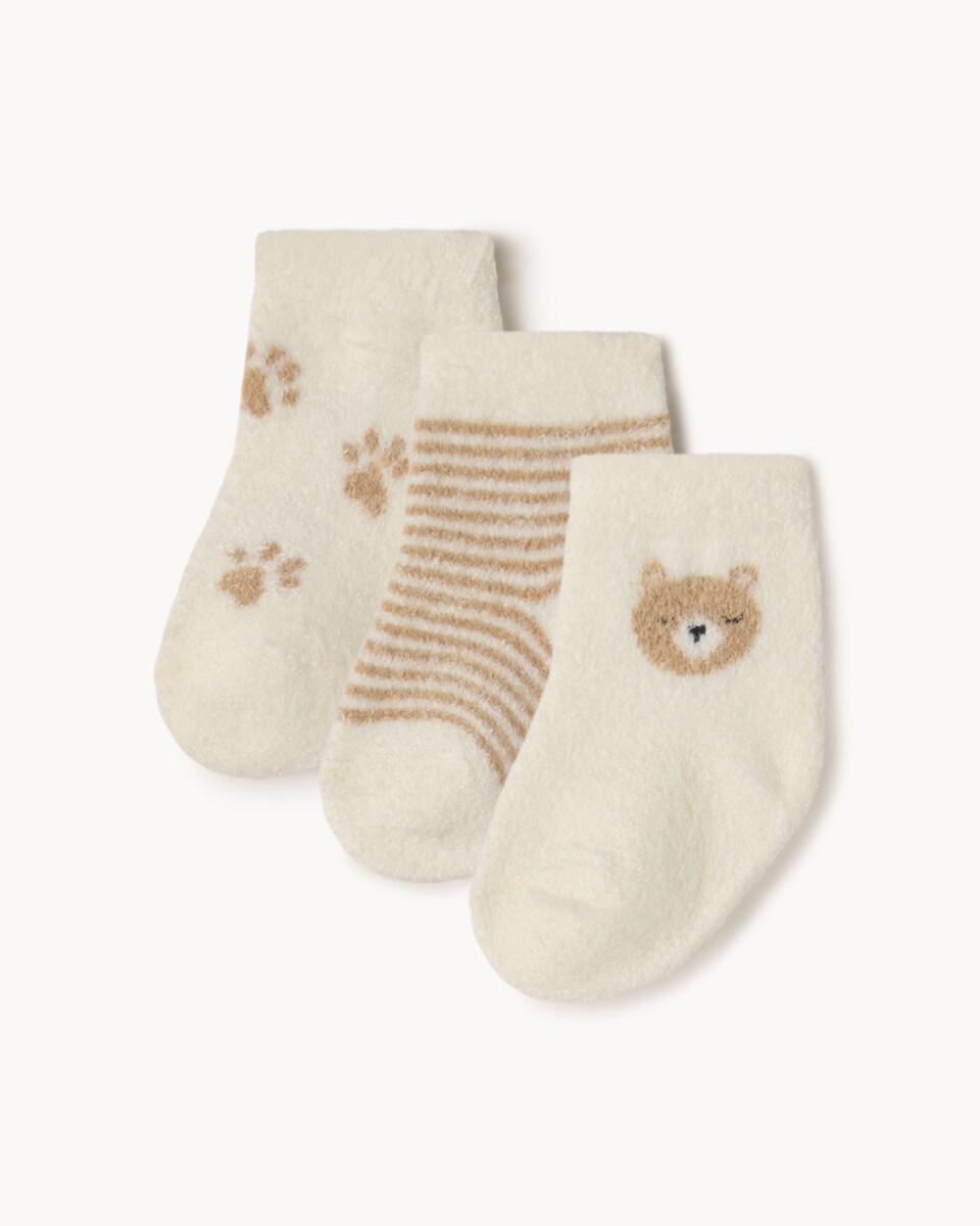 F&F Baby 3-Pack Bear Cosy Socks in Neutral