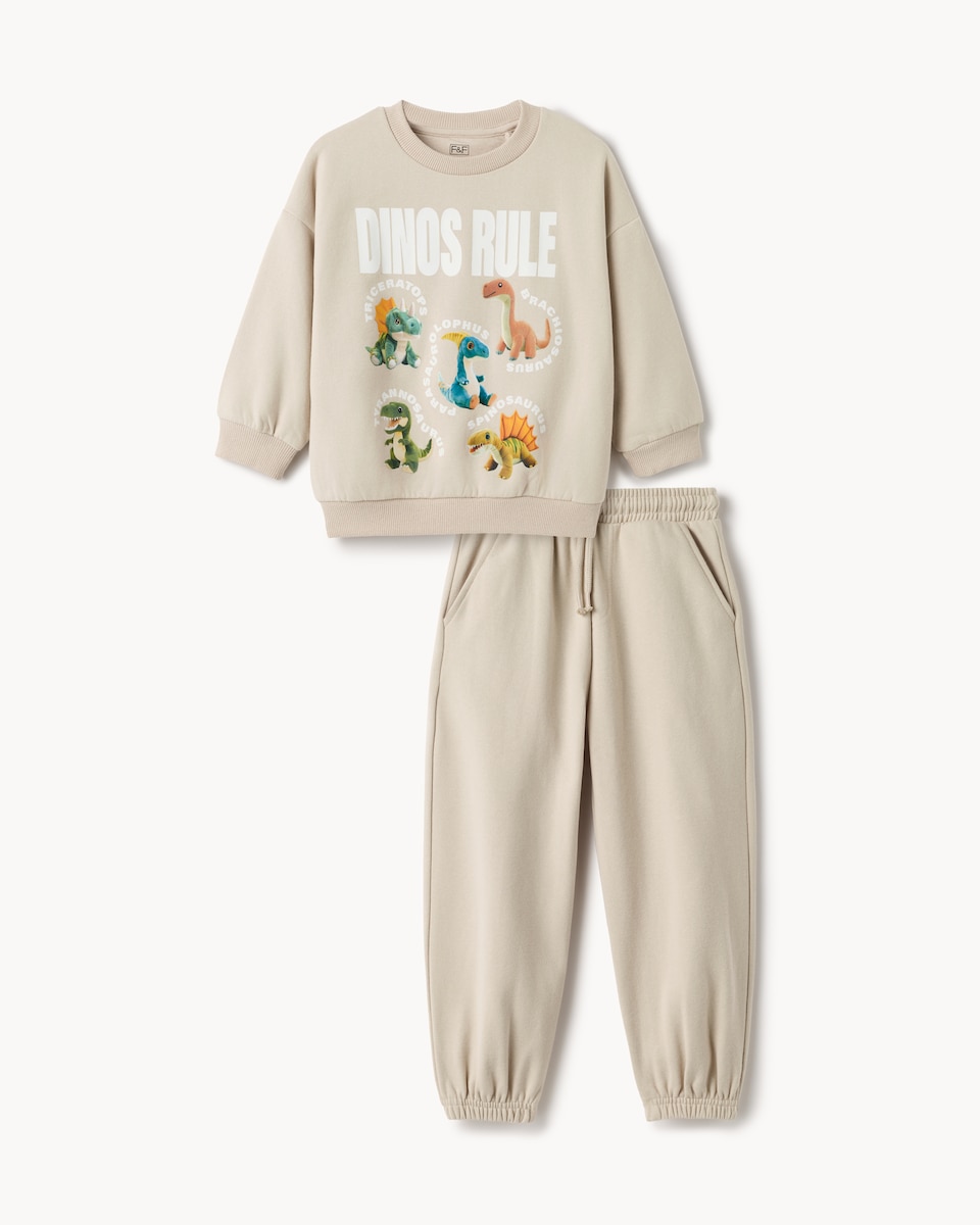 image 1 of F&F Boys 2-Piece Cotton Rich Dinosaur Sweatshirt and Joggers Set in Stone