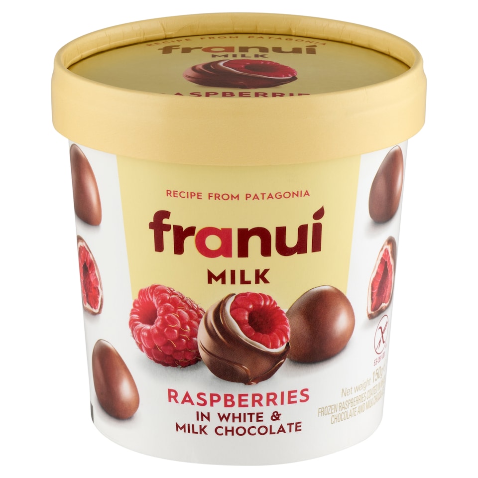 franuí gluténmentes fehér csokoládéval és tejcsokoládéval bevont fagyasztott málna 150 g  1. kép