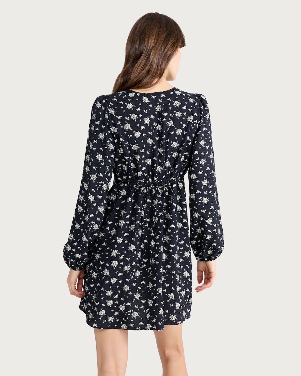 image 1 of F&F Floral Tie Neck Long Sleeved Mini Dress in Multi Black