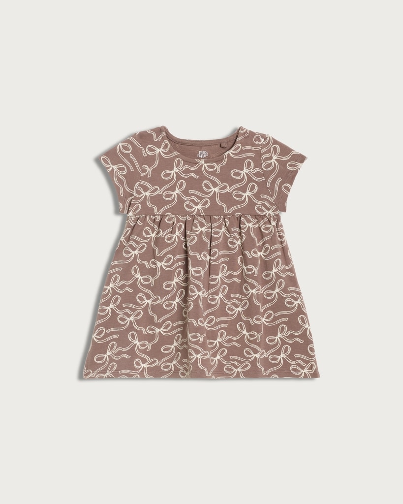 F&F Baby Cotton Rich Bow Print Short Sleeved Dress in Tobacco