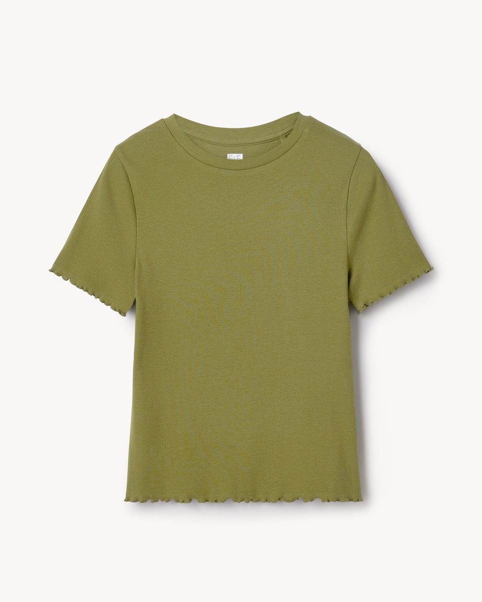 image 1 of F&F Cotton Rich Lettuce Hem T-Shirt in Olive