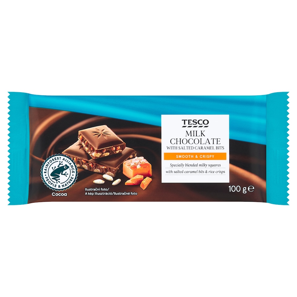 Tesco Mliečna čokoláda s kúskami slaného karamelu a ryžovými chrumkami 100 g