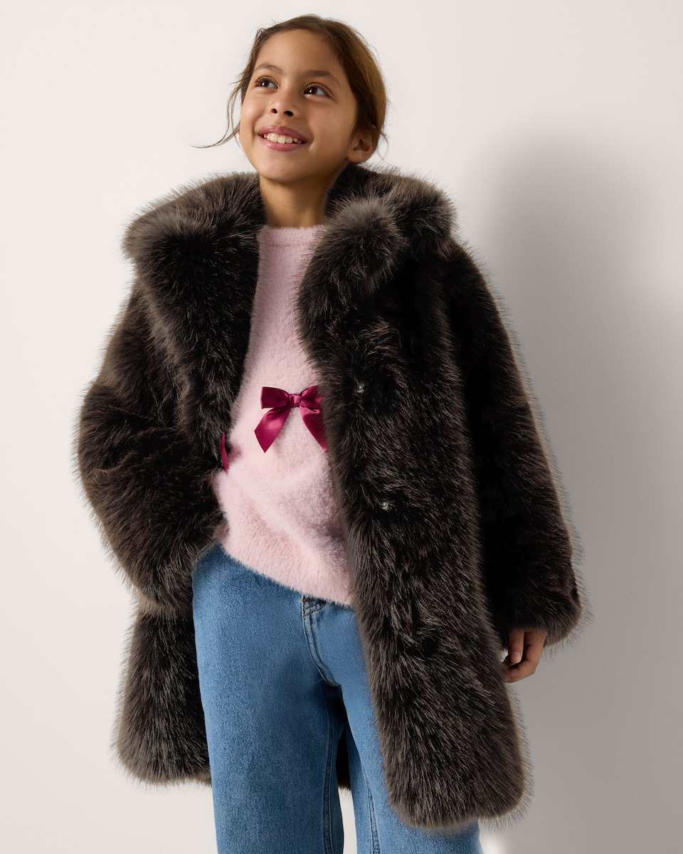 image 1 of F&F Girls Faux Fur Coat in Brown