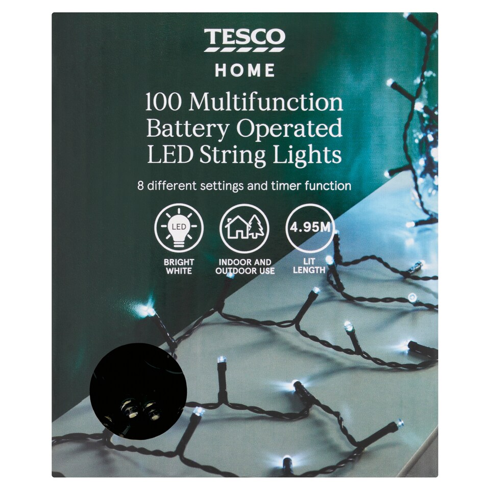 image 1 of Tesco 100 Battery Multifunction Bright White Timer LED Christmas Lights