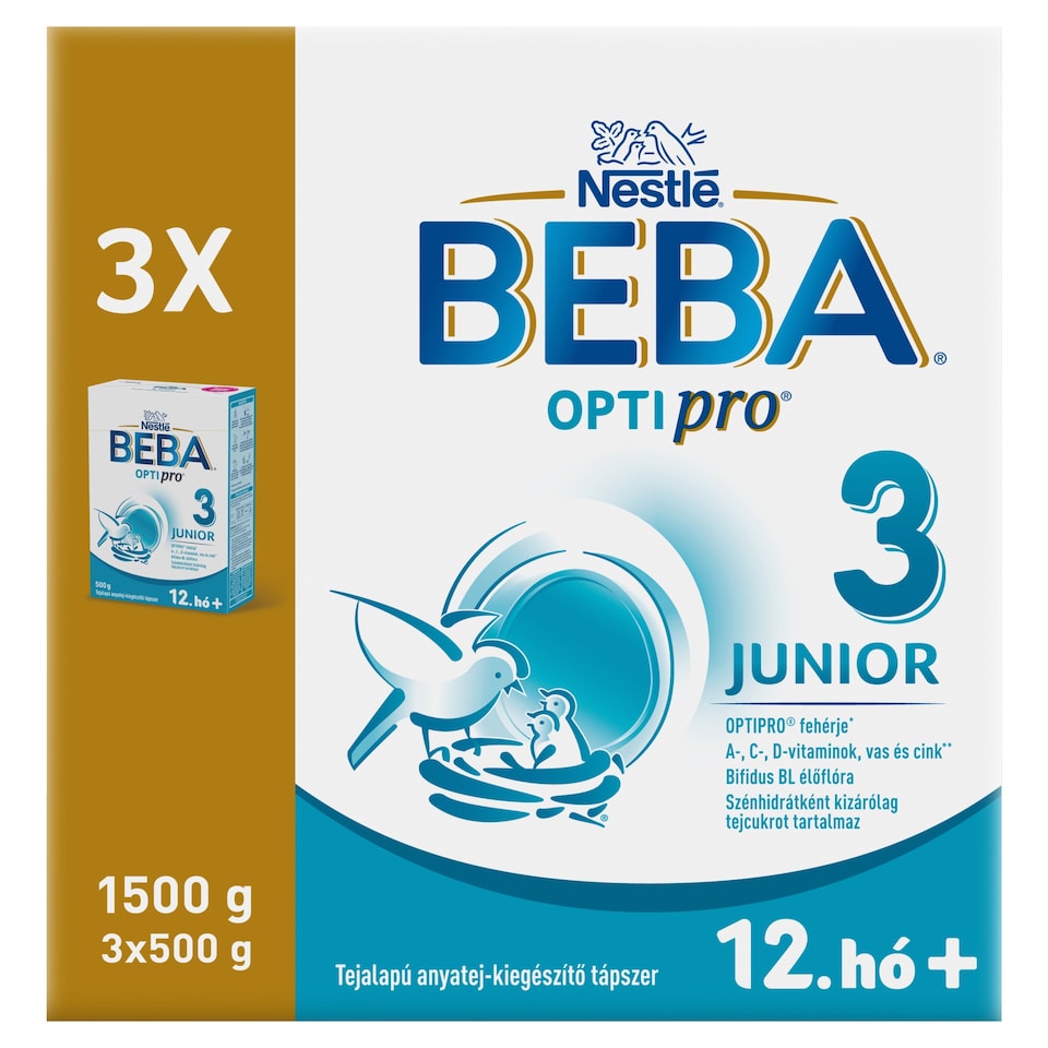 Beba Optipro 3 Junior tejalapú anyatej-kiegészítő tápszer 12. hó+ 3 x 500 g (1500 g)  1. kép