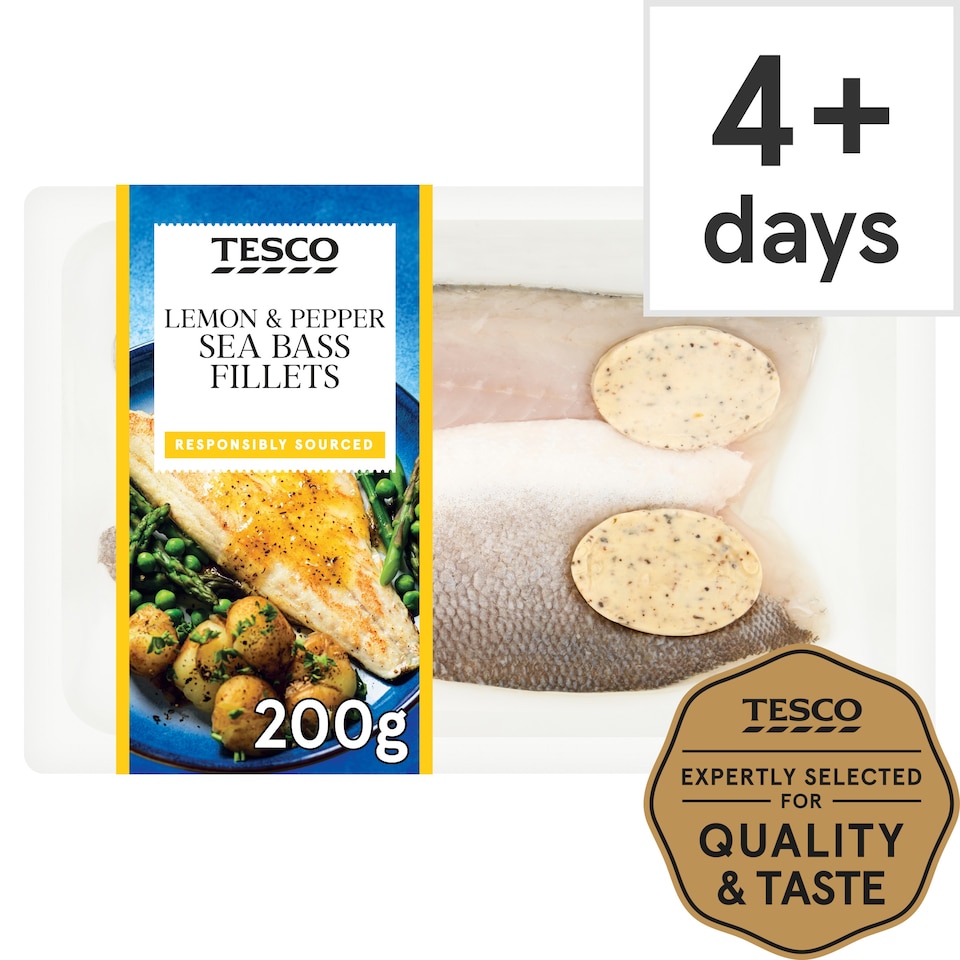 Tesco 2 Lemon & Pepper Sea Bass Fillets 200G