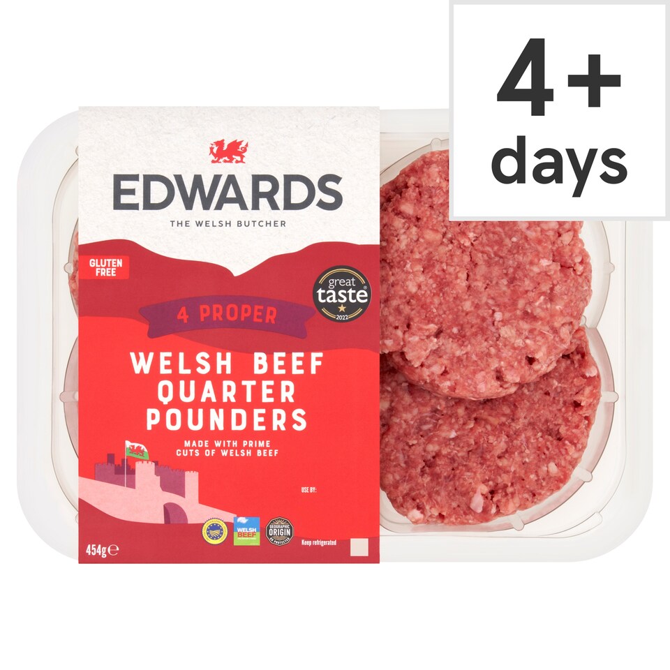 Edwards Of Conwy Beef Quarter Pounders 454G (L