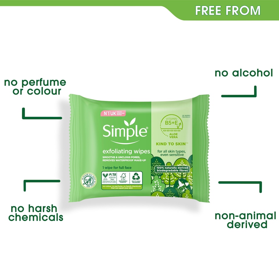 image 1 of Simple Kind To Skin Exfoliating Wipes 20 Pack