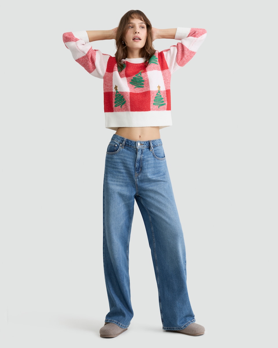 image 1 of F&F Knitted Christmas Tree Print Jumper in Red
