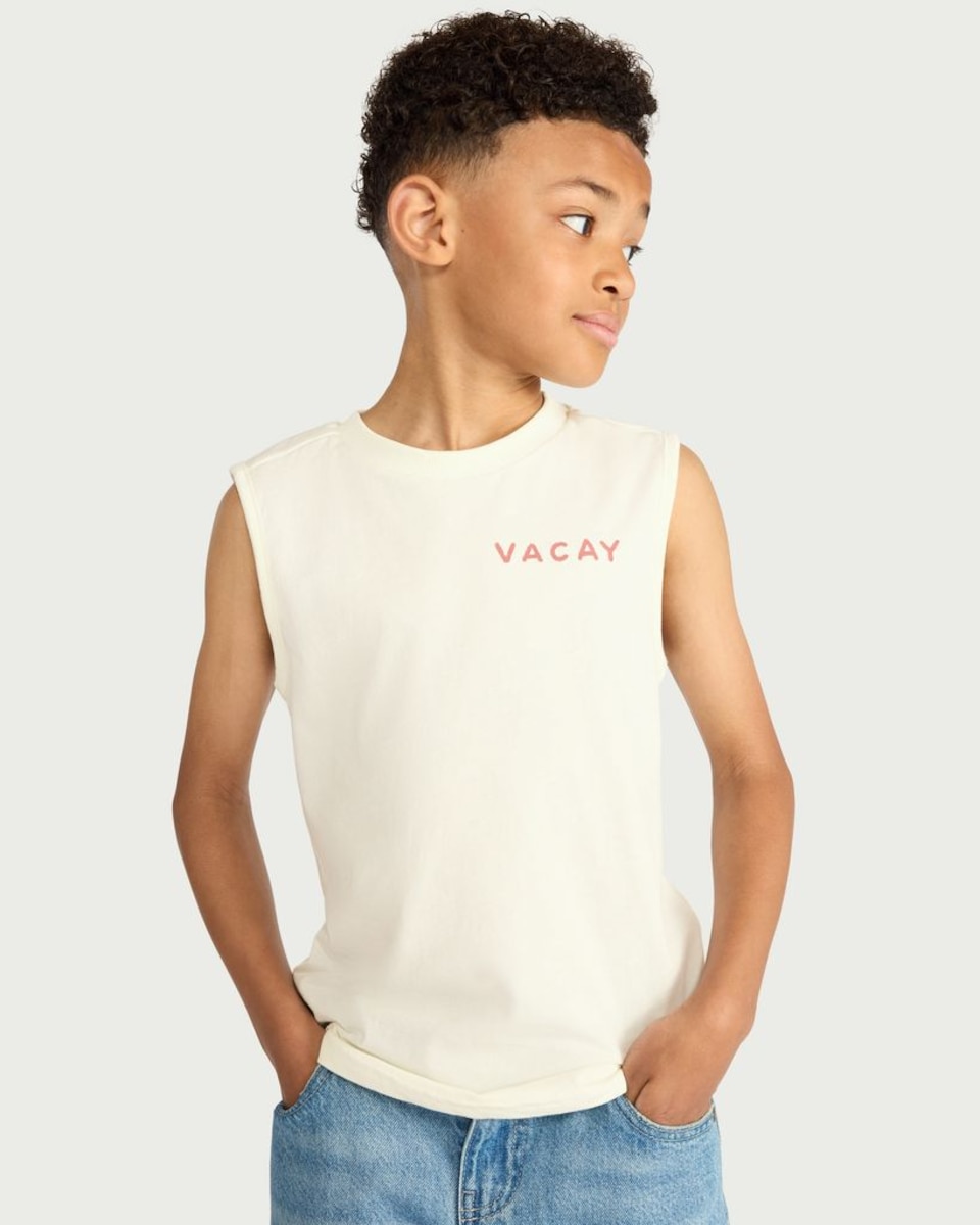 image 1 of F&F Boys Pure Cotton Printed Oversized Fit Vest in Cream