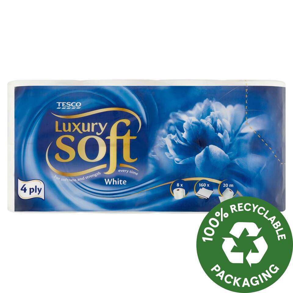 Tesco Soft Luxury White Toilet Paper 4 Ply 8 Rolls