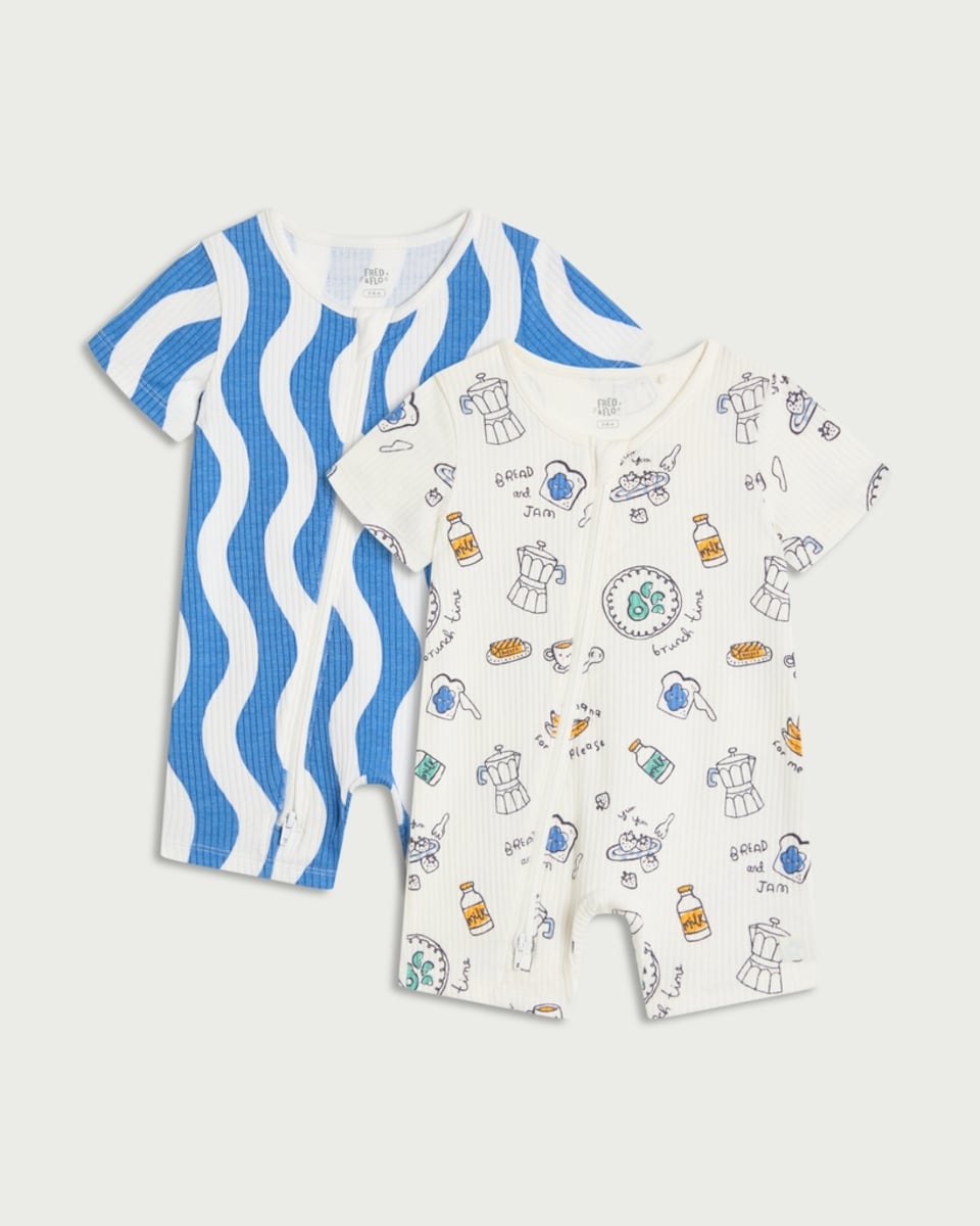 image 1 of F&F Baby 2-Pack Cotton Rich Printed Short Sleeved Rompers in White