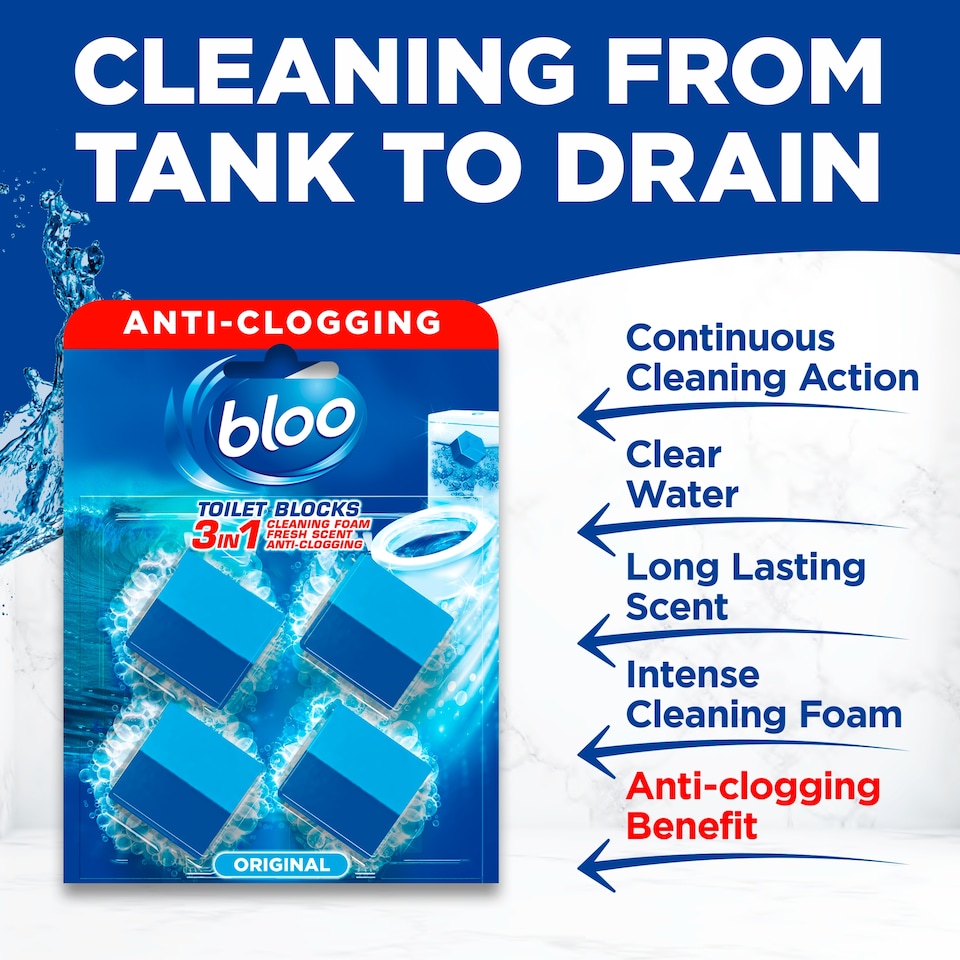 image 1 of Bloo  2in1 In-Cistern Original Blue Toilet Blocks 4 x 50g (200g)