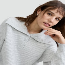 F&F Ribbed Knit Button Collar Jumper with Wool in Grey