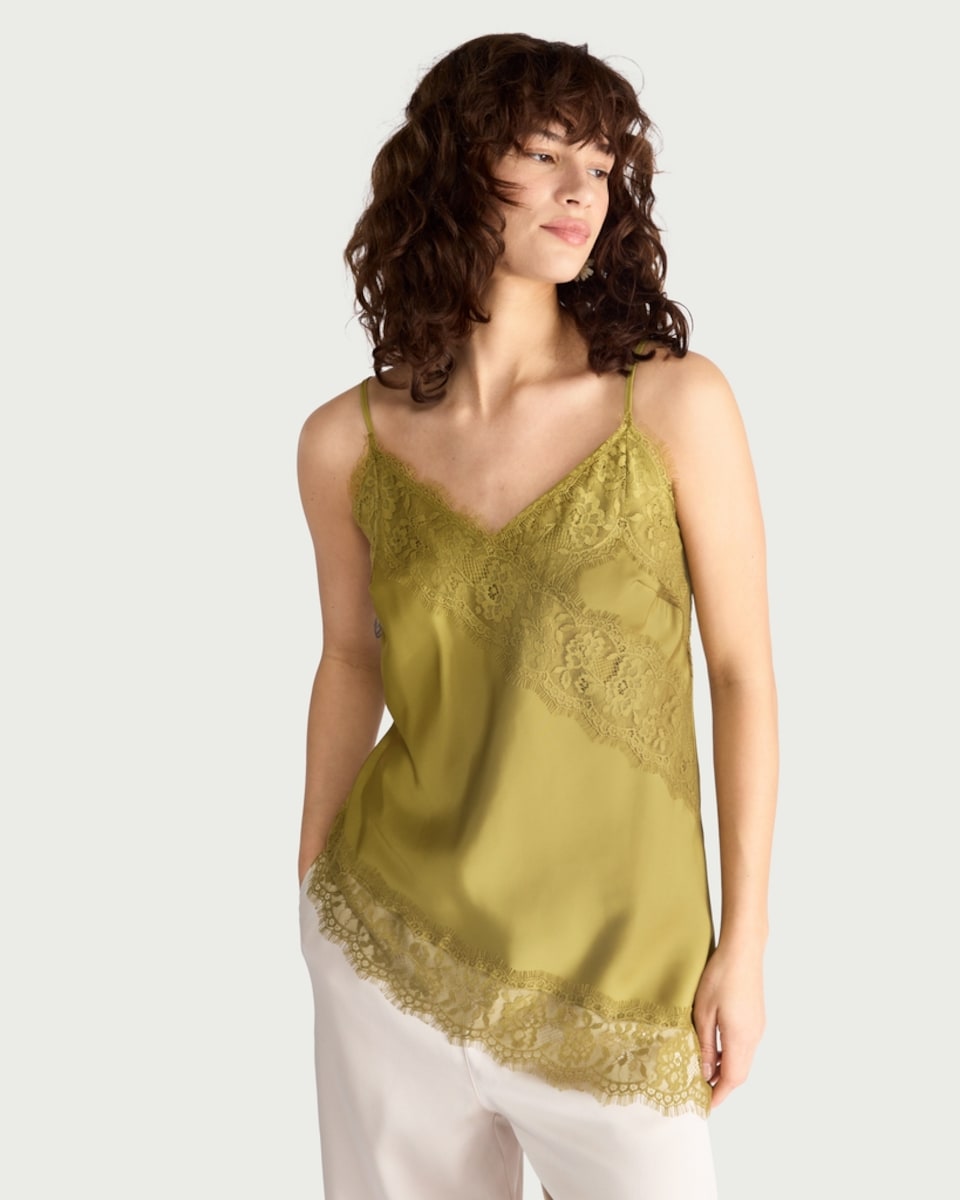 F&F Satin Lace Trim Asymmetric Hem Cami Top in Green - Tesco Groceries