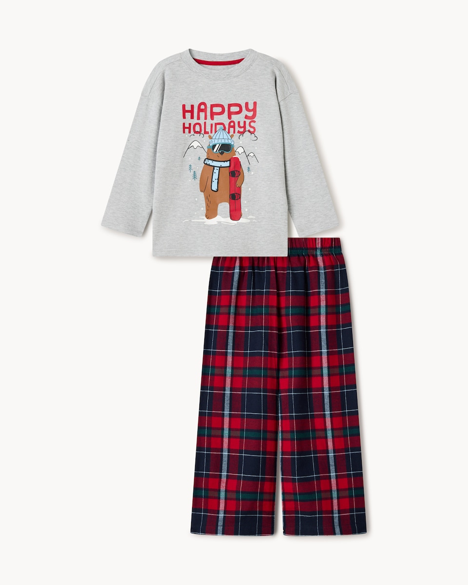image 1 of Christmas Boys Cotton Rich Happy Holidays Checked Pyjama Set in Grey