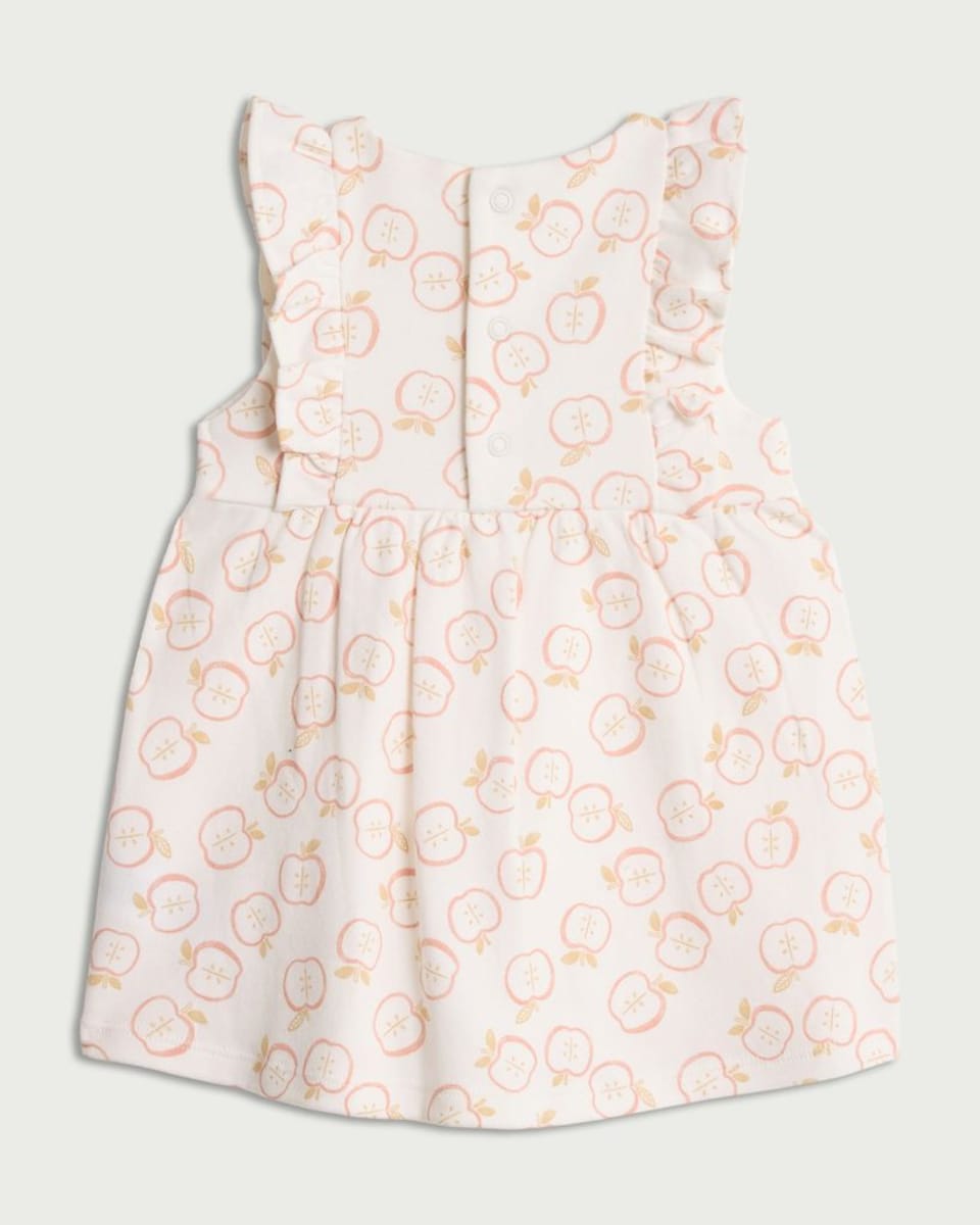image 1 of F&F Baby Organic Pure Cotton Apple Print Flutter Sleeved Dress in White