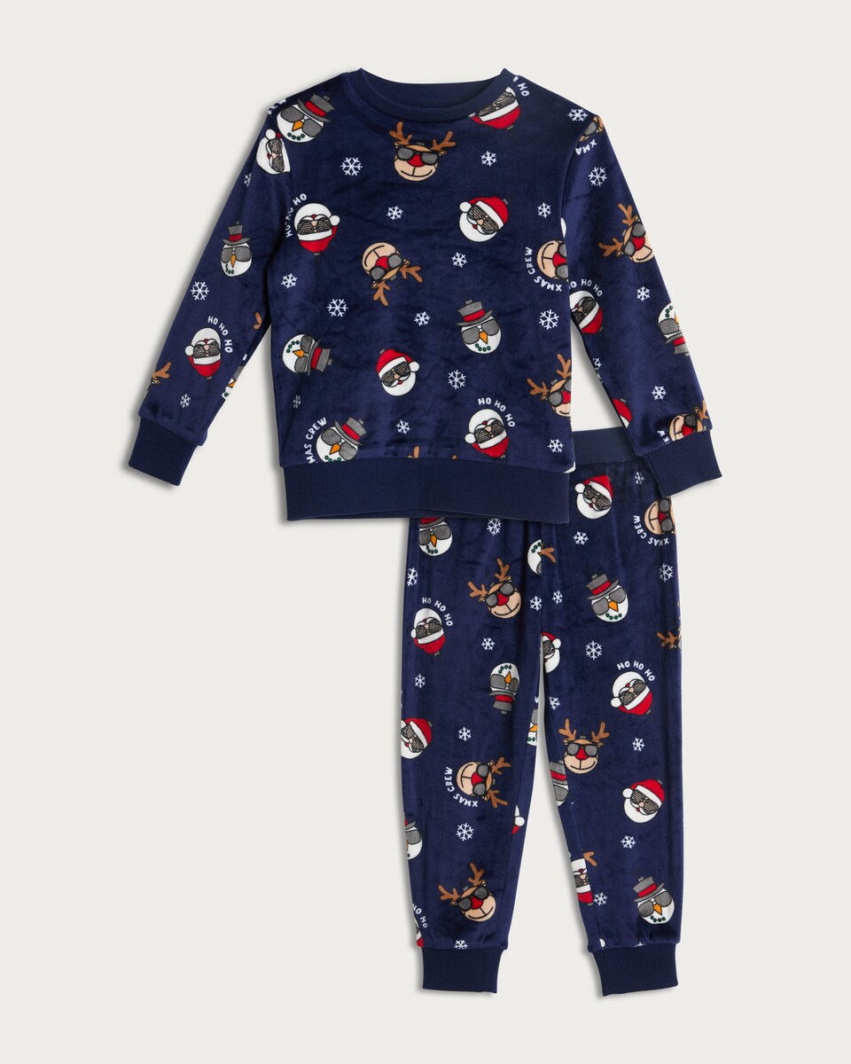 image 1 of F&F Boys Minky Fleece Christmas Print Top and Bottoms Pyjamas in Navy