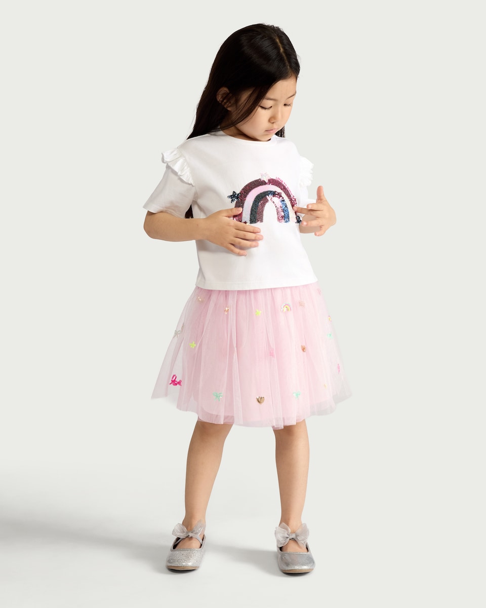 image 1 of F&F Girls 2-Piece Sequin Rainbow T-Shirt and Tulle Skirt Set in Pink