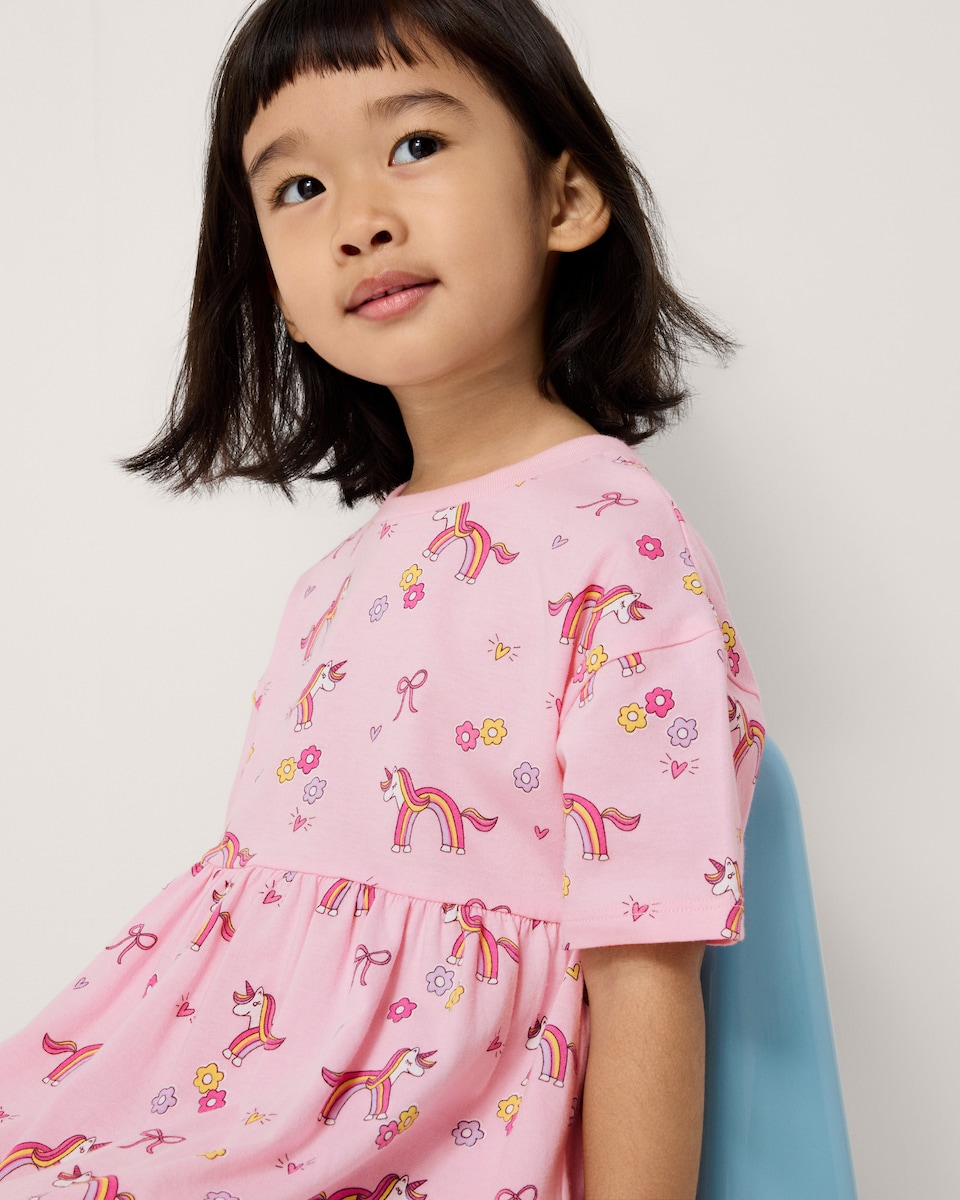 image 1 of F&F Girls' Pure Cotton Unicorn Print Short Sleeved Dress in Multi Pink