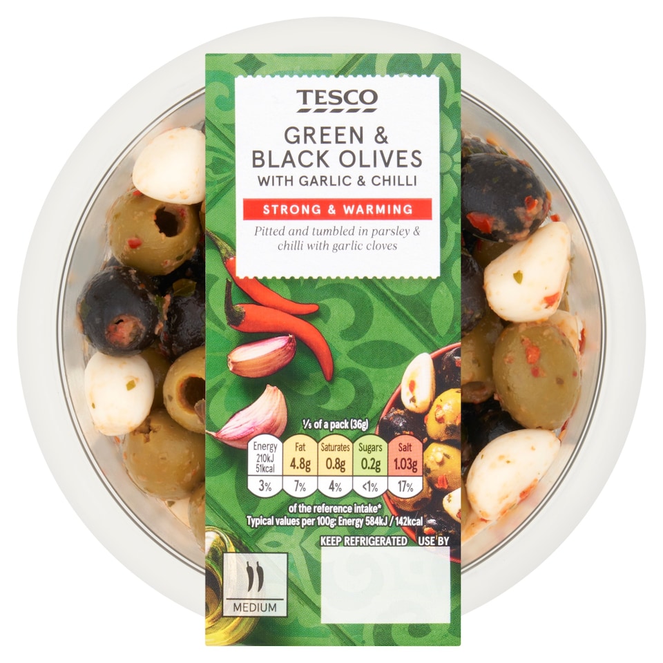 Tesco Olives With Garlic & Chilli 180g
