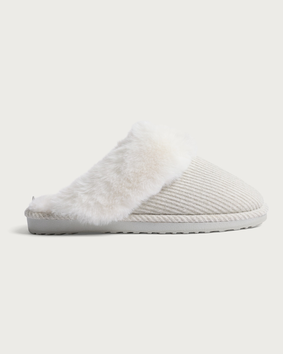 image 1 of F&F Ribbed Faux Fur Trim Mule Slippers in Grey