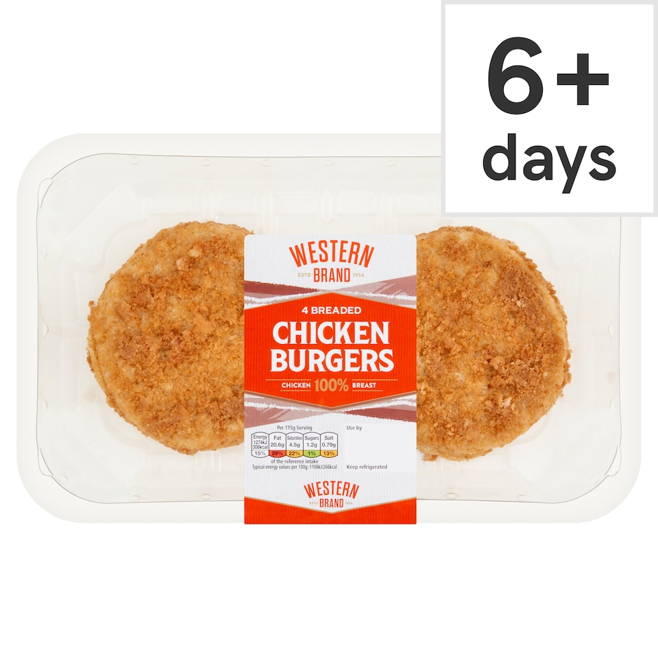 Western Brand 4 Breaded Chicken Burgers 454g