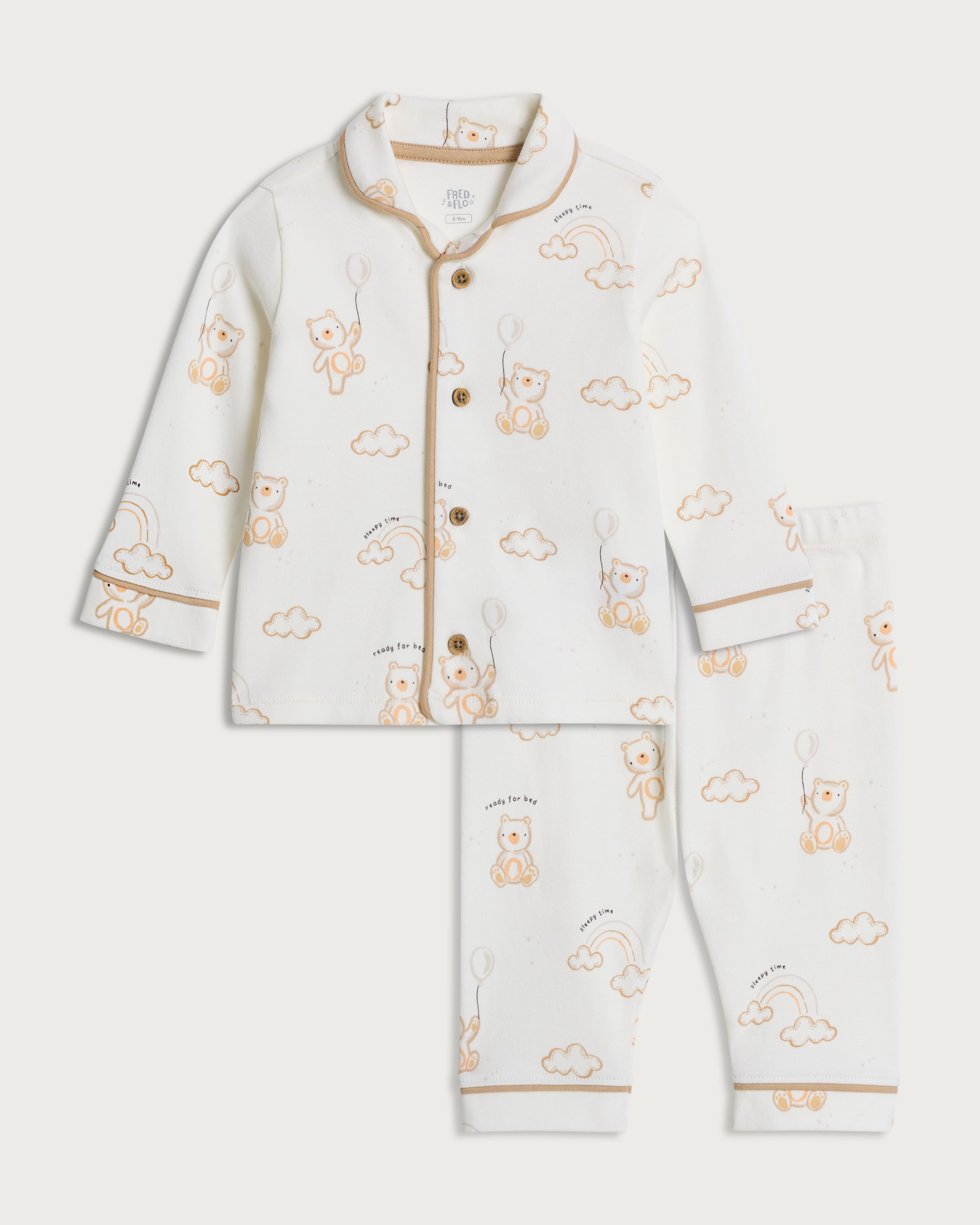 F&F Baby 2-Piece Pure Cotton Teddy Bear Print Pyjama Set in White