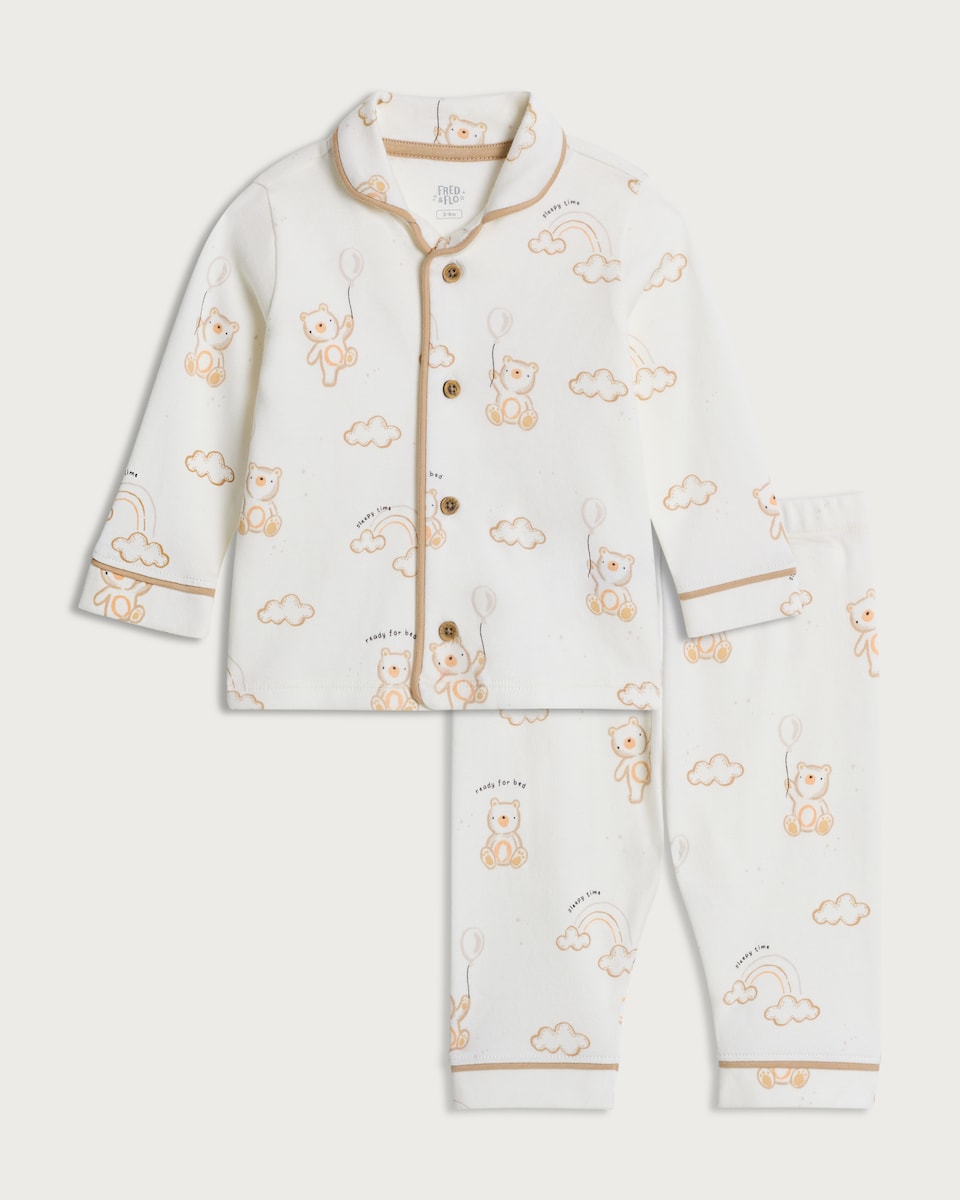 image 1 of F&F Baby 2-Piece Pure Cotton Teddy Bear Print Pyjama Set in White