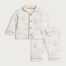 F&F Baby 2-Piece Pure Cotton Teddy Bear Print Pyjama Set in White