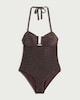 image 4 of F&F Metallic Cut Out Halterneck Bandeau Swimsuit in Chocolate