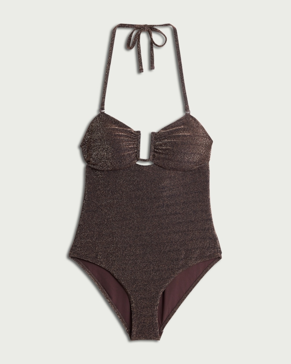 image 1 of F&F Metallic Cut Out Halterneck Bandeau Swimsuit in Chocolate