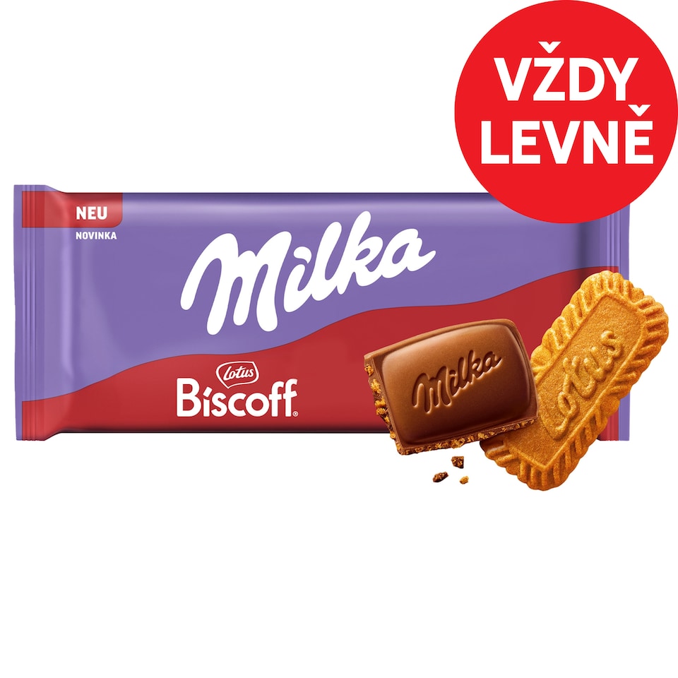 Milka mléčná čokoláda z alpského mléka s kousky sušenek Lotus Biscoff 90g