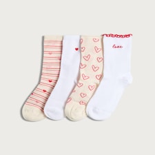 F&F 4-Pack Cotton Rich Heart and Love Print Ankle Socks in Red
