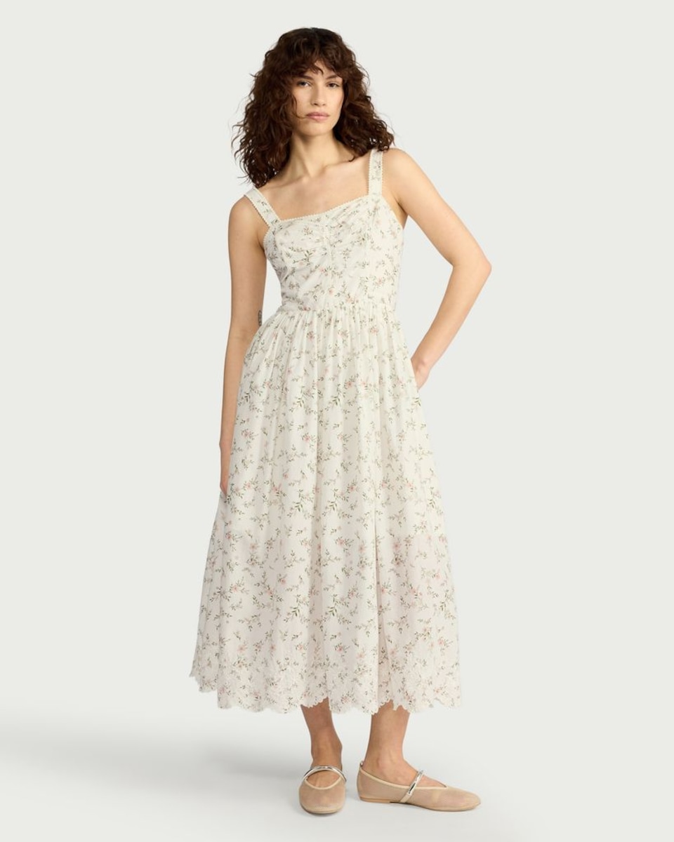 image 1 of F&F Pure Cotton Floral Midi Dress in Cream
