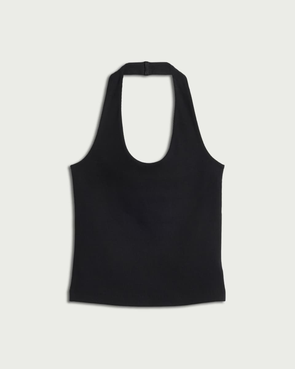 image 1 of F&F Cotton Rich Ribbed Halterneck Top in Black