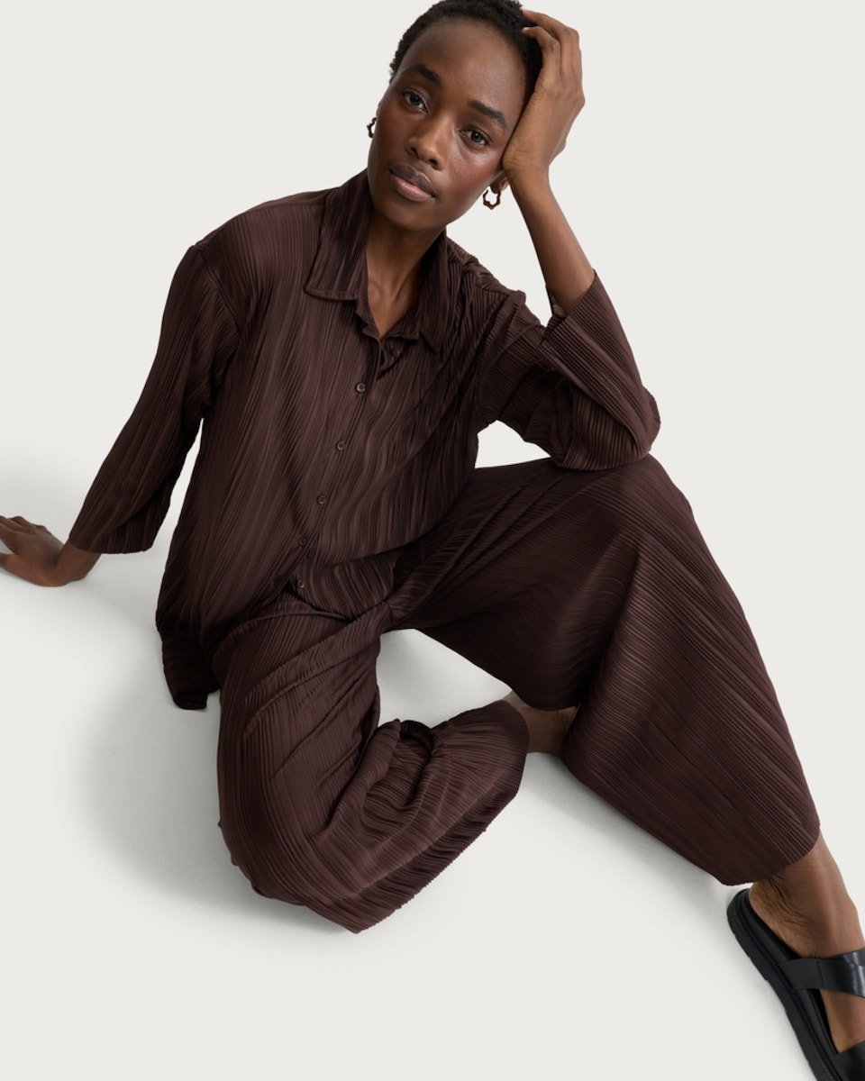 image 1 of F&F Plisse Pleated Button Up Shirt in Chocolate